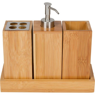 3 Piece Essential Bamboo Bathroom Vanity Accessory Set and Tray