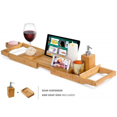 Bamboo Adjustable Bathtub Caddy Tray with Wine Holder, Cup Placement, Soap Dish, Book Space