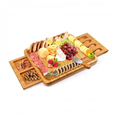 Bamboo Cheese Board and Knife Set,Cheese Servers with Hidden Drawer,Charcuterie Platter and Cheese Serving Tray for Wine