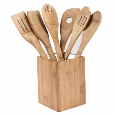 bamboo wood cooking utensils with holder